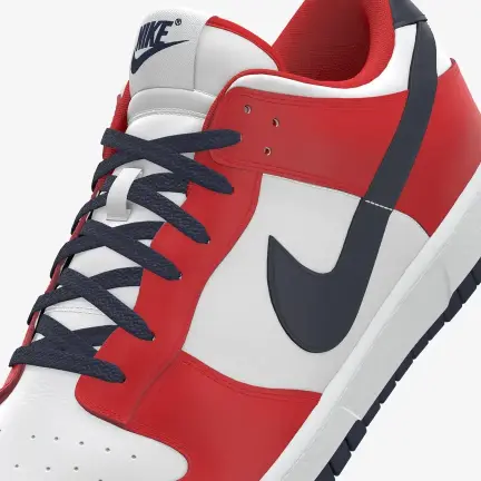 Nike custom Dunk Low Regular in Midnight Navy and University Red and White - Iso Top View