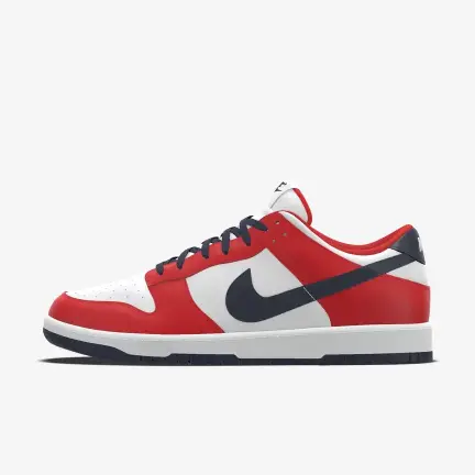 Nike custom Dunk Low Regular in Midnight Navy and University Red and White - Left View