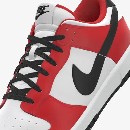 Nike custom Dunk Low Regular in Black and University Red and White - Iso Top View