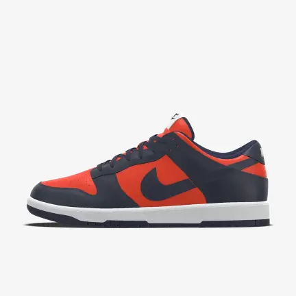 Nike custom Dunk Low Regular in Team Orange and Midnight Navy and White - Left View